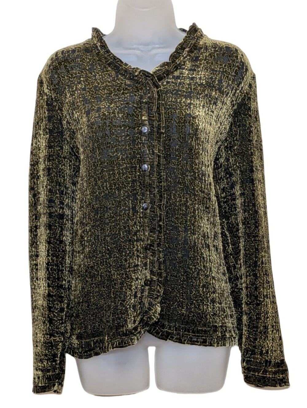 Vintage | Velvet | Sheer | Button Front Blouse | Green | 90s | Chic | Burnout